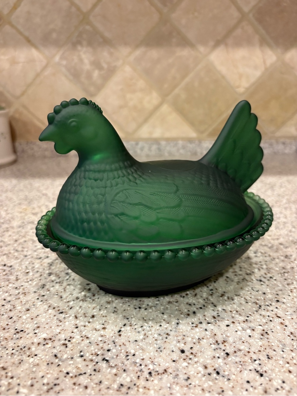 Dark green frosted glass "hen on nest